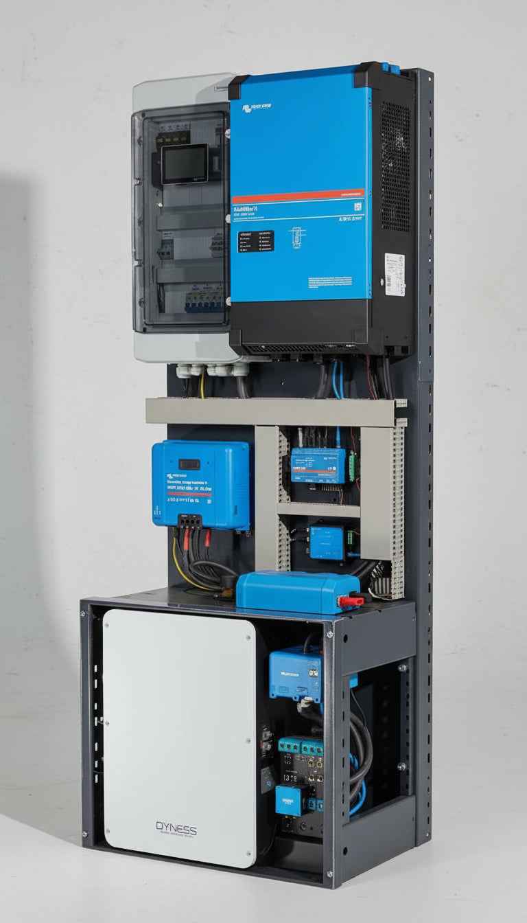Sistem fotovoltaic Victron de 10 kVA preasamblat în rack, cu invertor MultiPlus-II, controler MPPT și baterie Dyness
