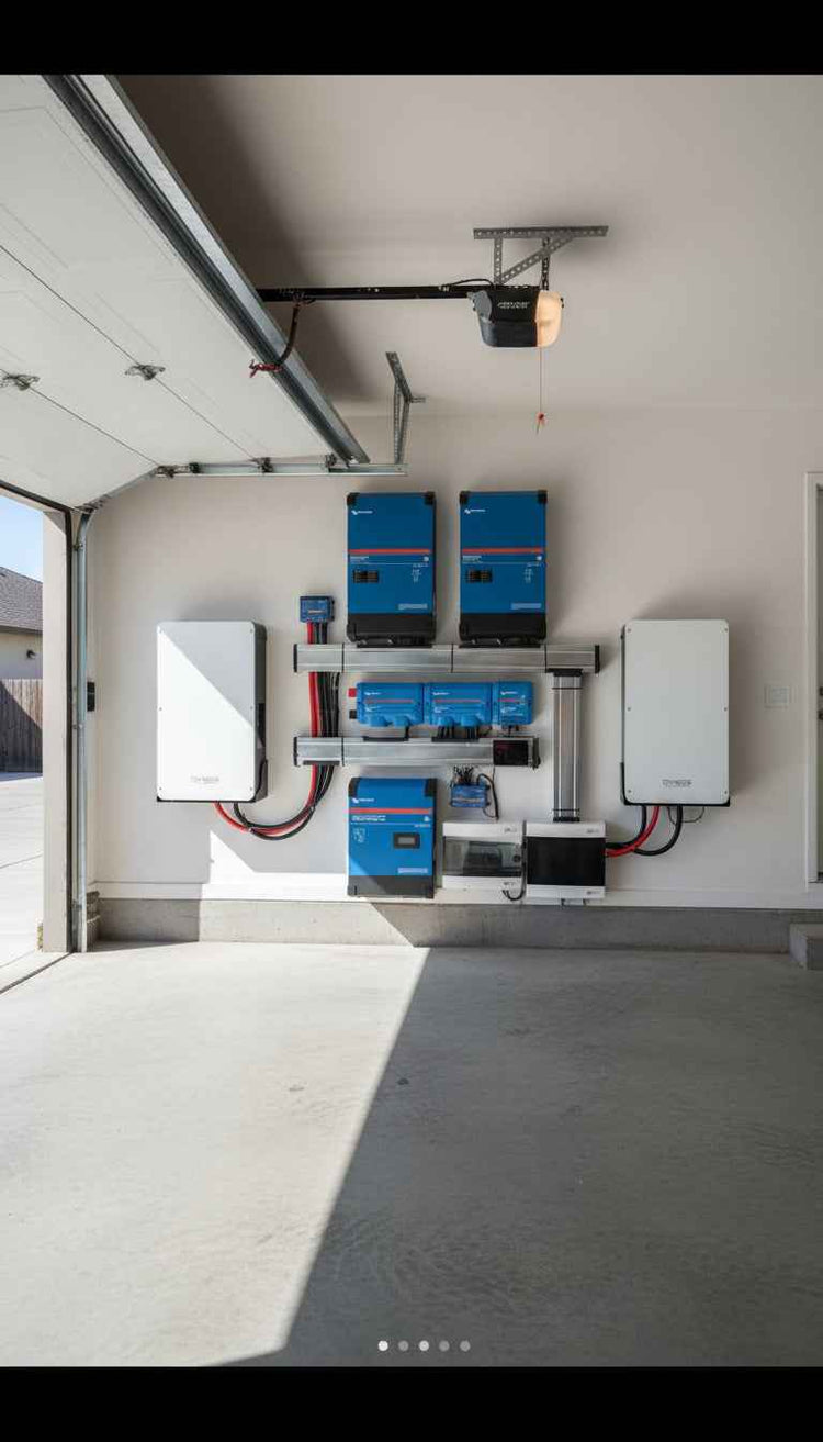 Sistem Victron de 20 kVA cu două invertoare MultiPlus-II și baterii, montat pe peretele unui garaj