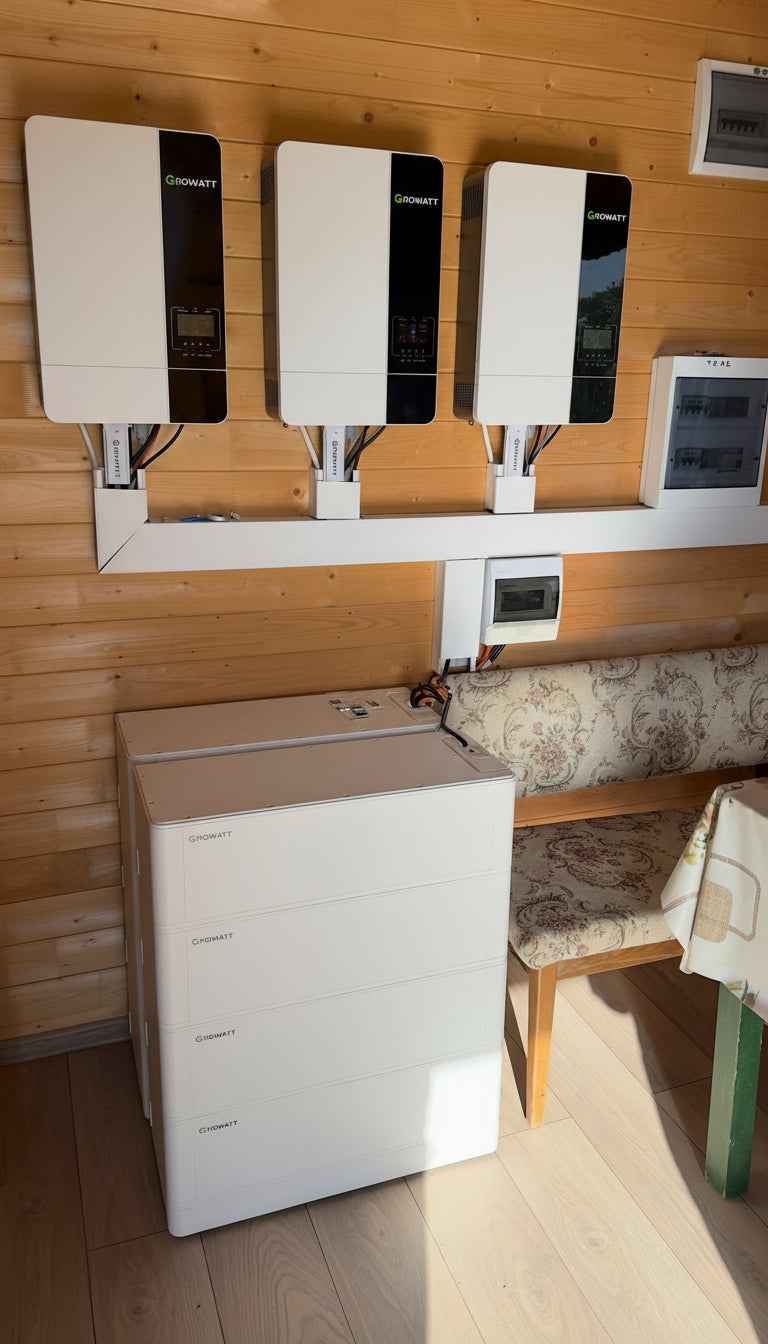 Trei invertoare hibride Growatt montate pe peretele de lemn al unei cabane izolate, deasupra unui turn de baterii Growatt ARK LFP