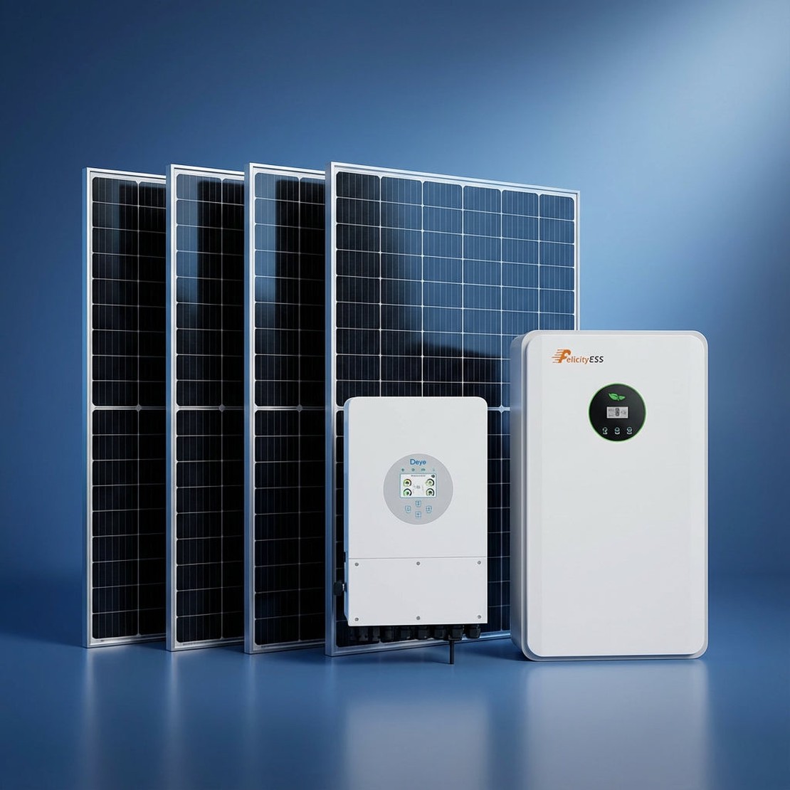 Patru panouri fotovoltaice monocristaline, un invertor hibrid și o baterie de stocare