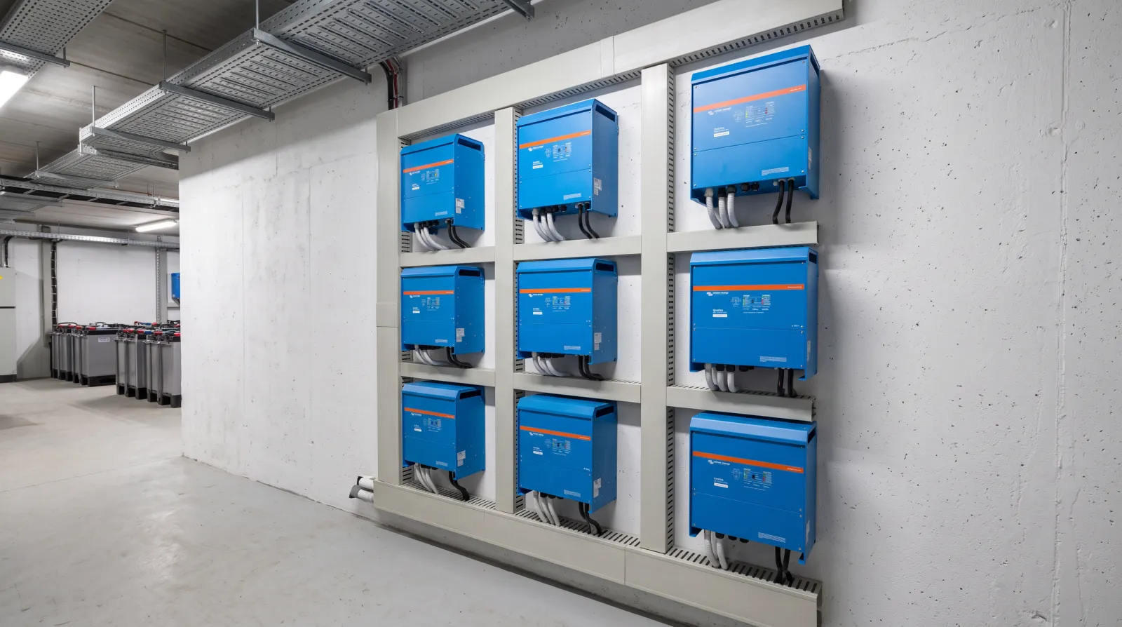 Nouă invertoare Victron Quattro de 15 kVA montate pe perete, câte trei pe fază