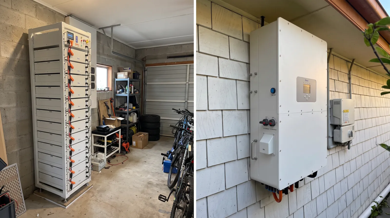 Stiva de baterii Deye high voltage din garaj și invertorul Deye de 20 kW trifazat montat pe peretele casei