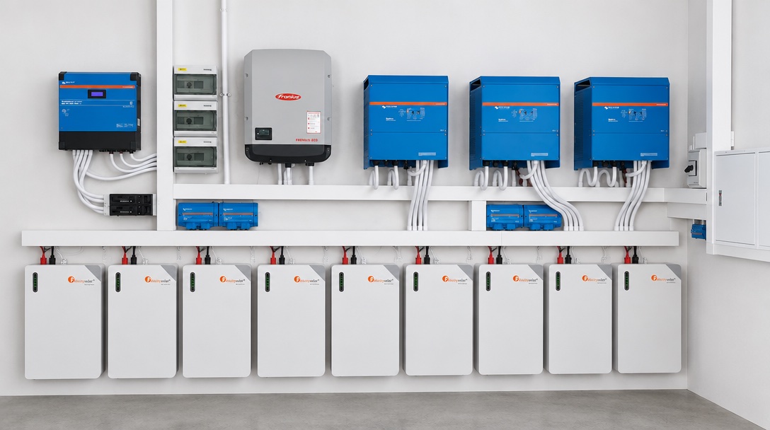 Trei invertoare Victron Quattro, MPPT RS 450/200, invertor Fronius și bateriile Felicity Solar montate pe perete