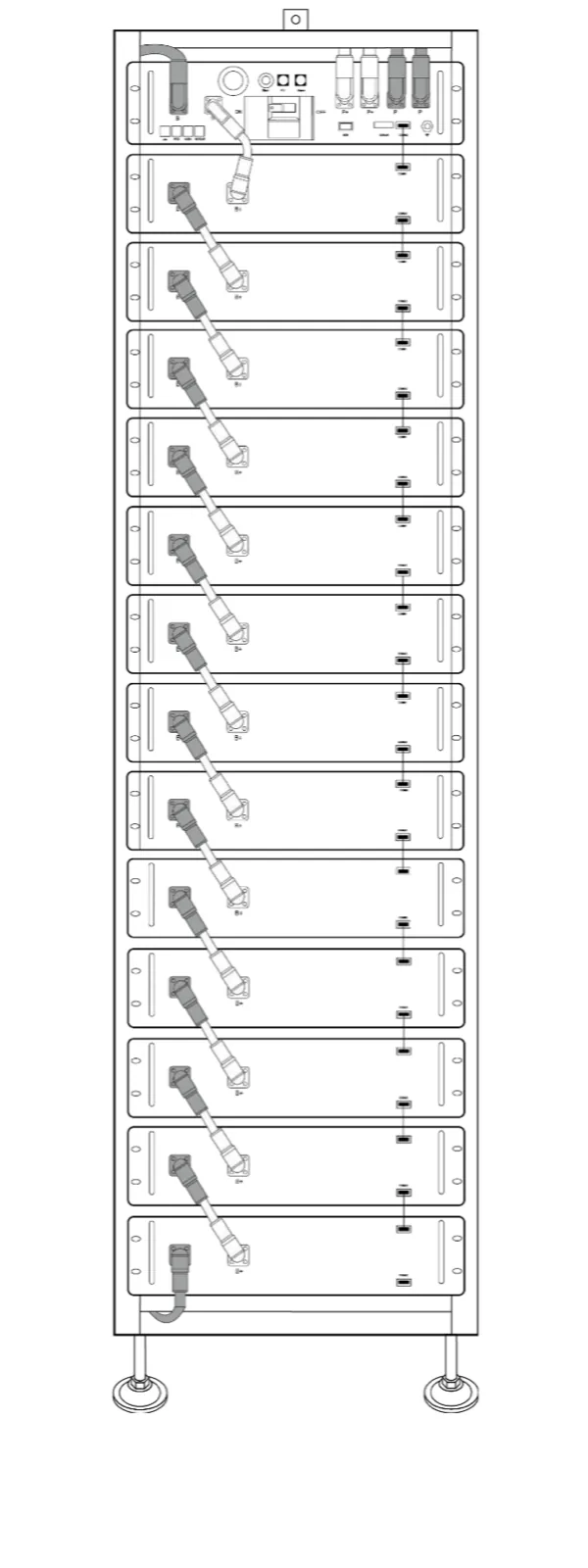 Rack Deye BOS-A-Rack14 – schemă frontală cu 13 module și control box