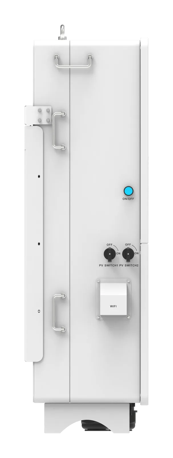 Invertor hibrid Deye SUN-125K-SG02HP3 trifazat 125kW – vedere laterală cu butonul de pornire și comutatoarele